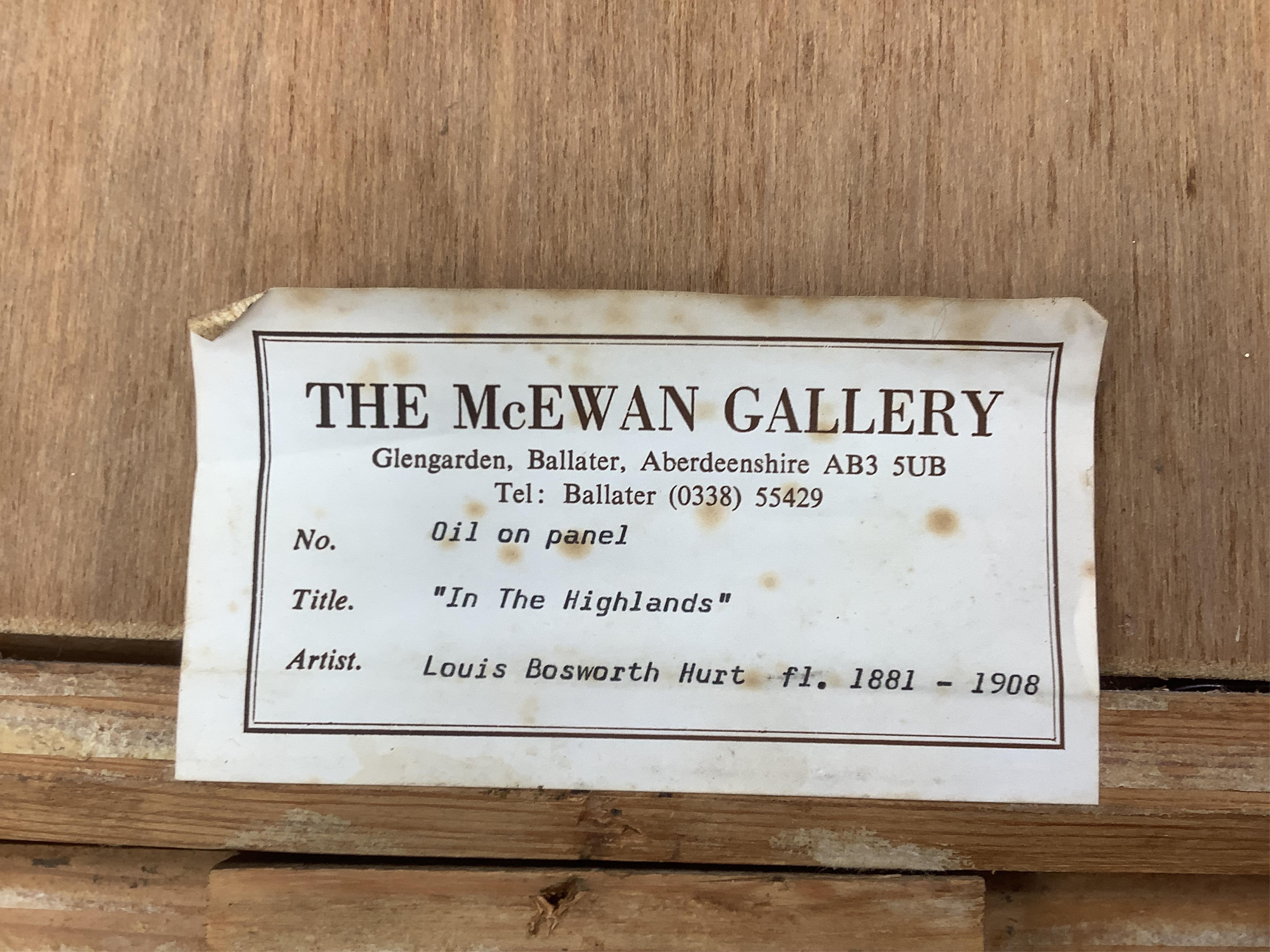 Louis Bosworth Hurt (1856-1929), Highland cattle by a loch, signed, oil on board, 12 x 23cm